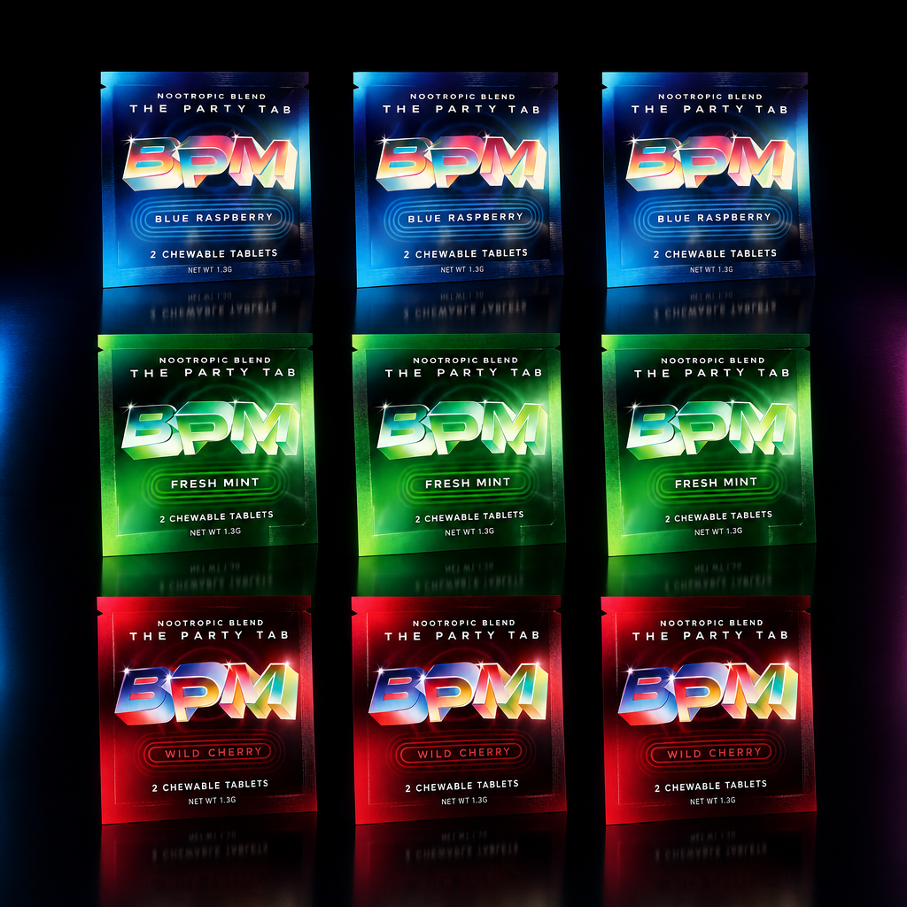 BPM Monthly Subscription 9 Packs - Blue Raspberry, Fresh Mint, and Wild Cherry Party Tab sachets in 3x3 grid